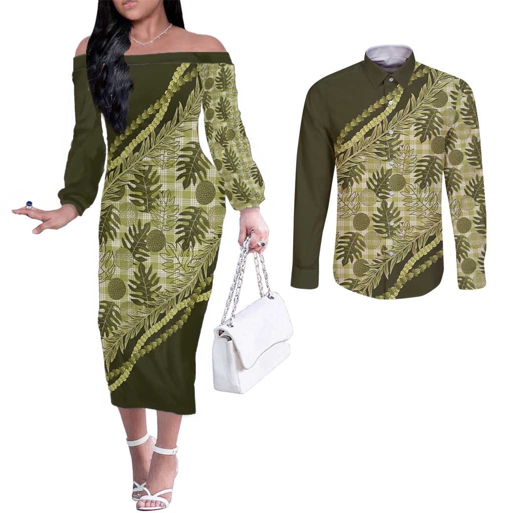Hawaii Breadfruit Palaka Couples Matching Off The Shoulder Long Sleeve Dress and Long Sleeve Button Shirt Omaomao Maile Lei - Polynesian Pride