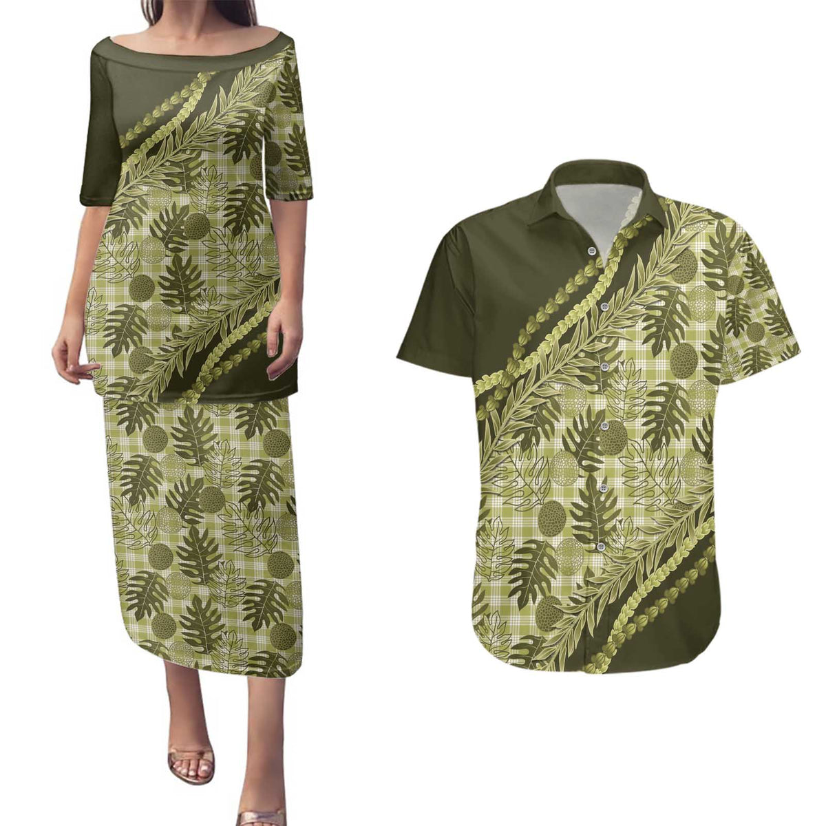 Hawaii Breadfruit Palaka Couples Matching Puletasi and Hawaiian Shirt Omaomao Maile Lei - Polynesian Pride