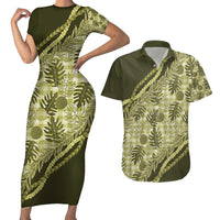 Hawaii Breadfruit Palaka Couples Matching Short Sleeve Bodycon Dress and Hawaiian Shirt Omaomao Maile Lei - Polynesian Pride