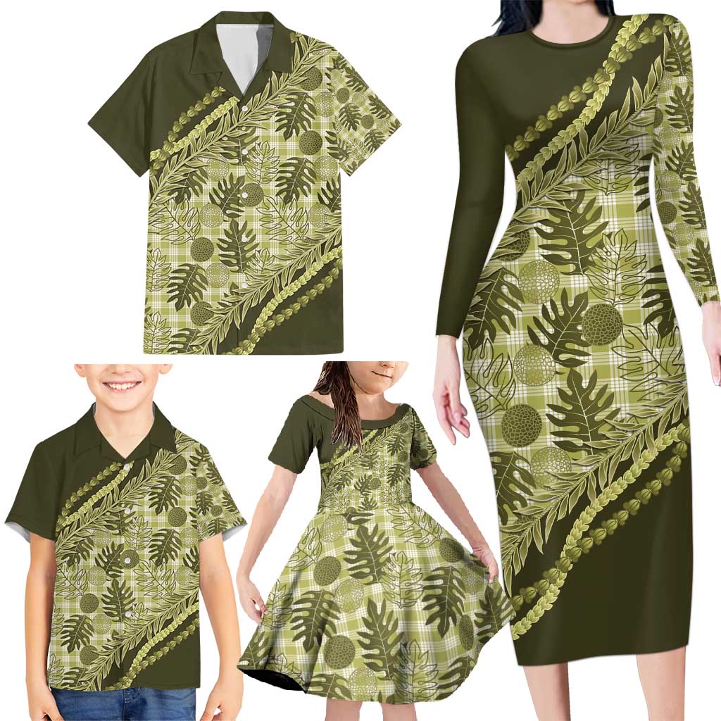Hawaii Breadfruit Palaka Family Matching Long Sleeve Bodycon Dress and Hawaiian Shirt Omaomao Maile Lei - Polynesian Pride