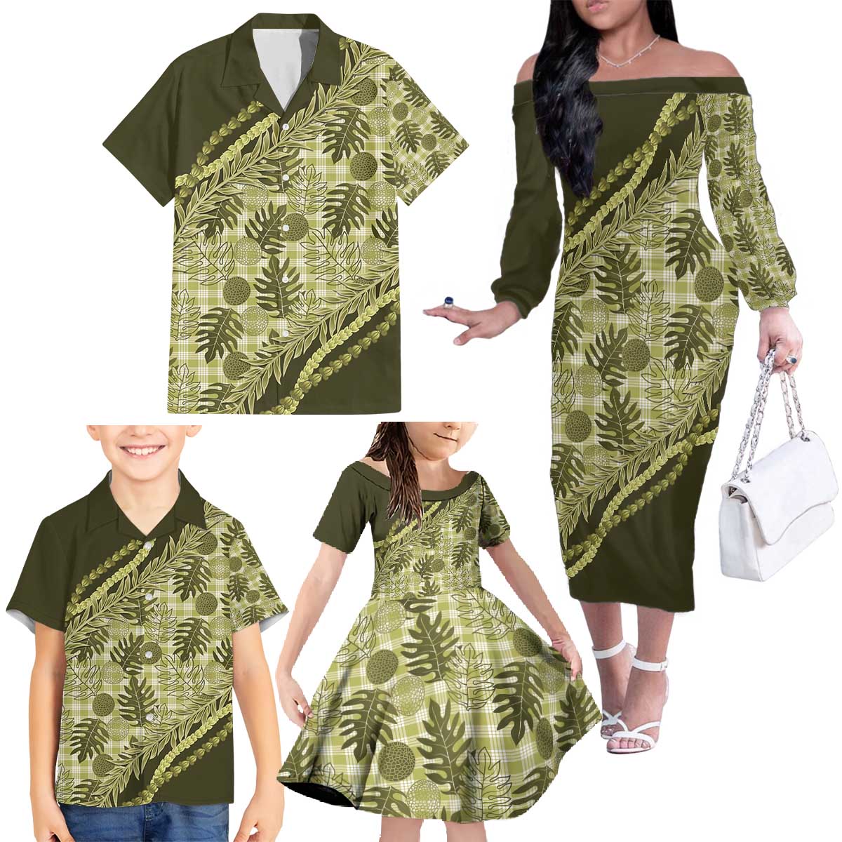 Hawaii Breadfruit Palaka Family Matching Off The Shoulder Long Sleeve Dress and Hawaiian Shirt Omaomao Maile Lei - Polynesian Pride