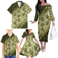 Hawaii Breadfruit Palaka Family Matching Off The Shoulder Long Sleeve Dress and Hawaiian Shirt Omaomao Maile Lei - Polynesian Pride