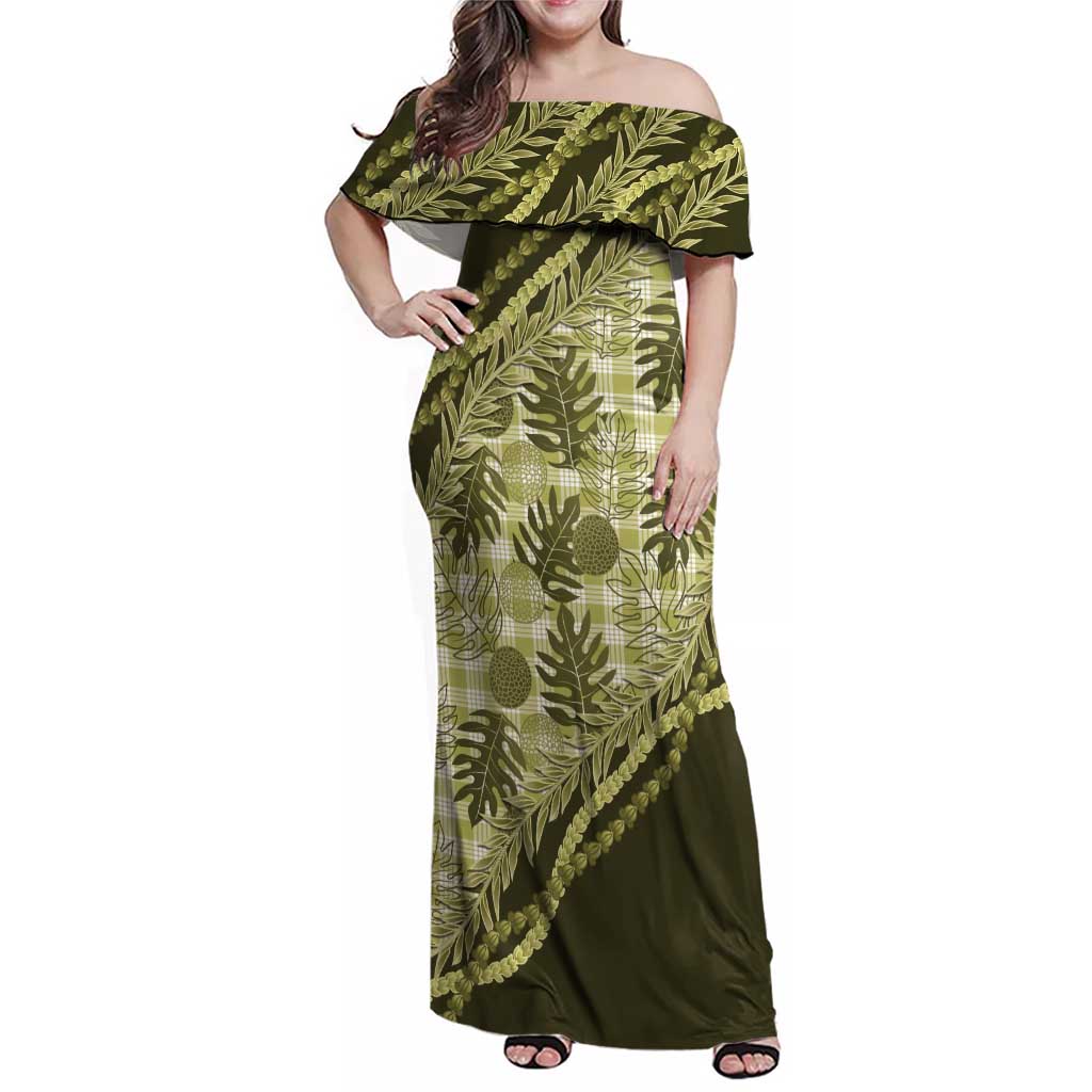 Hawaii Breadfruit Palaka Family Matching Off Shoulder Maxi Dress and Hawaiian Shirt Omaomao Maile Lei - Polynesian Pride
