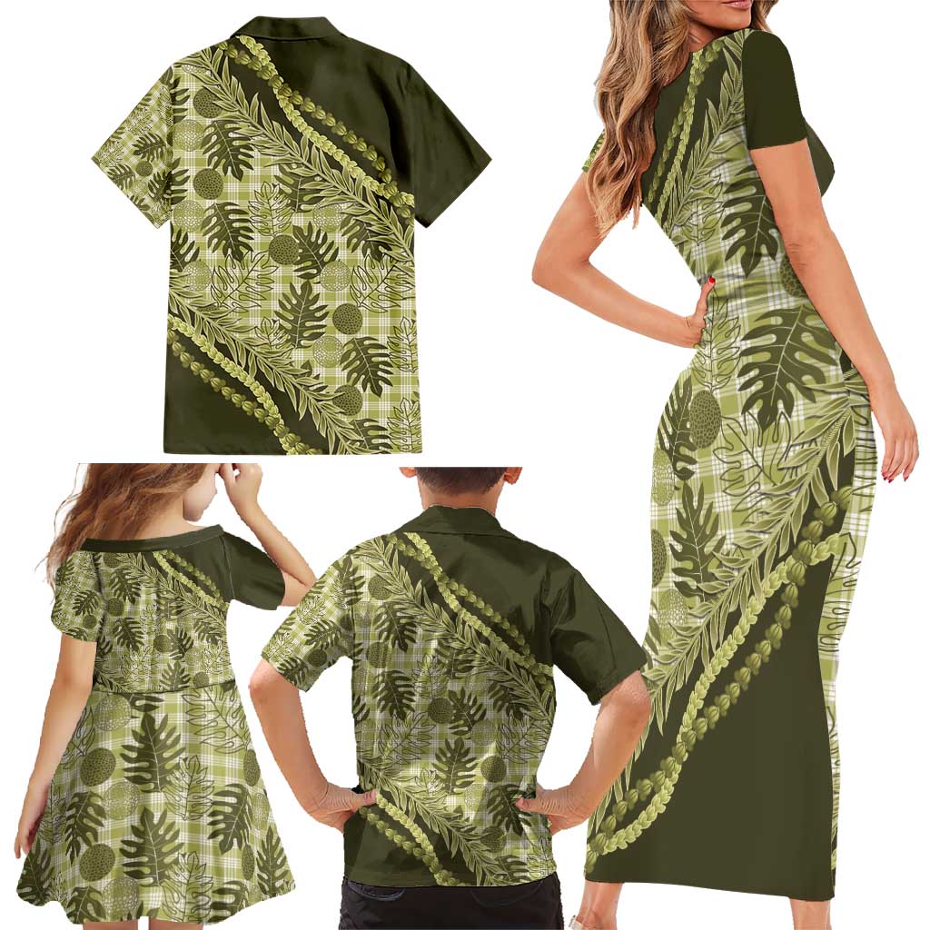 Hawaii Breadfruit Palaka Family Matching Short Sleeve Bodycon Dress and Hawaiian Shirt Omaomao Maile Lei - Polynesian Pride