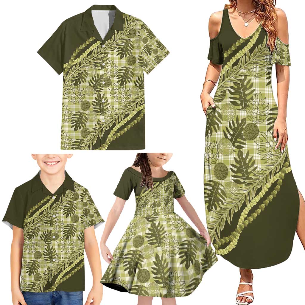 Hawaii Breadfruit Palaka Family Matching Summer Maxi Dress and Hawaiian Shirt Omaomao Maile Lei - Polynesian Pride