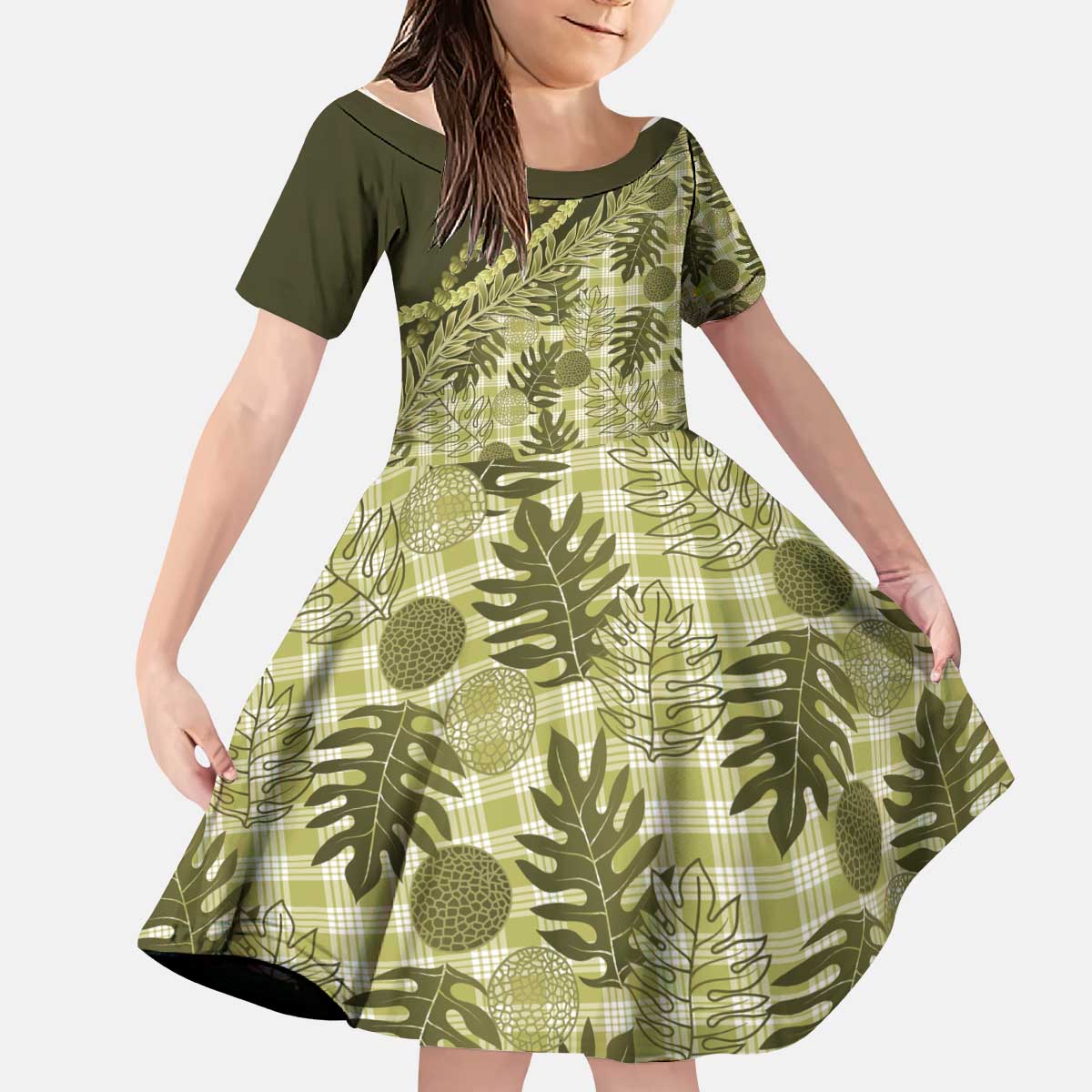 Hawaii Breadfruit Palaka Kid Short Sleeve Dress Omaomao Maile Lei - Polynesian Pride
