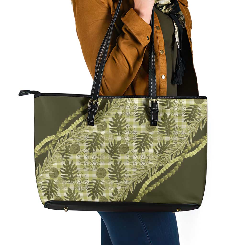 Hawaii Breadfruit Palaka Leather Tote Bag Omaomao Maile Lei - Polynesian Pride
