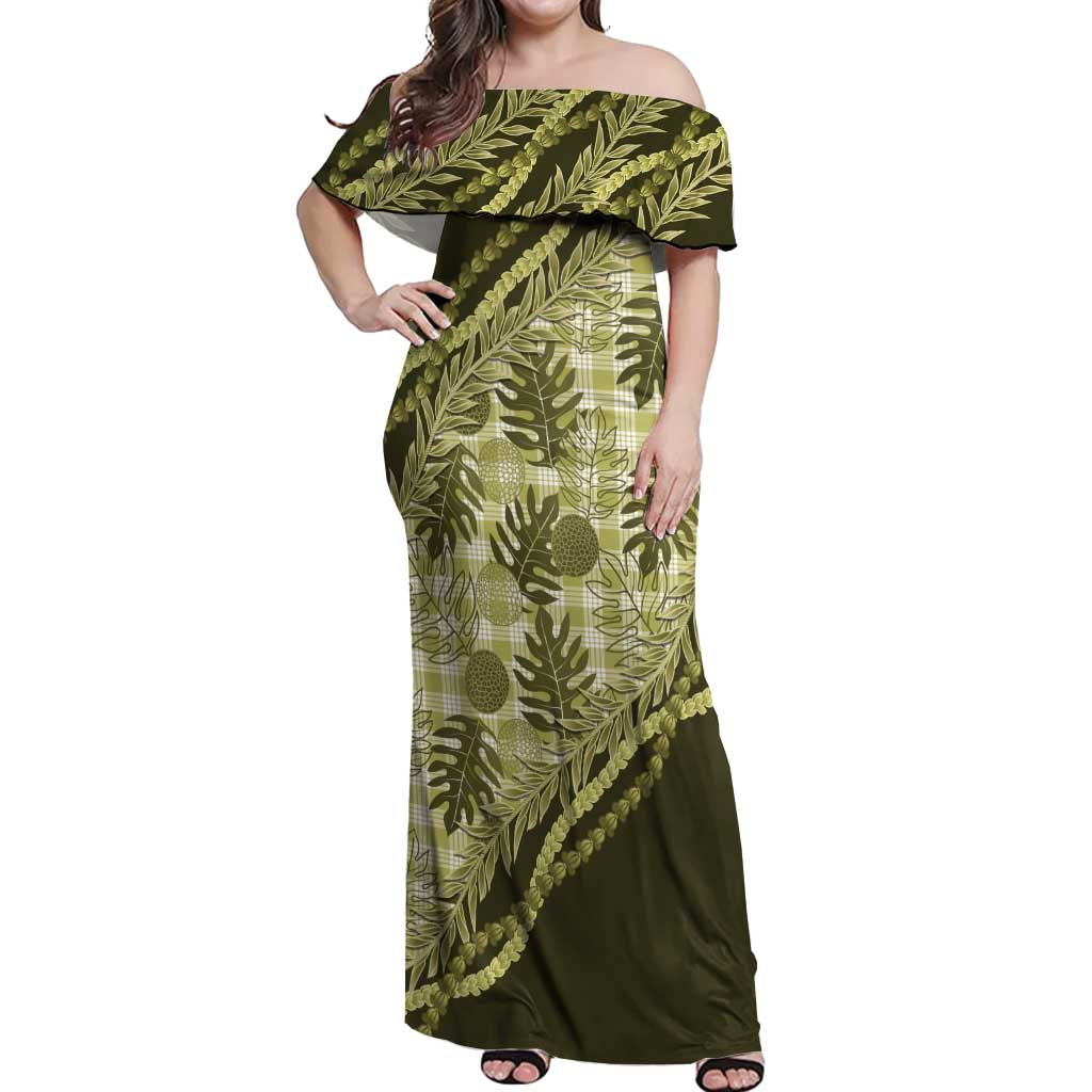Hawaii Breadfruit Palaka Off Shoulder Maxi Dress Omaomao Maile Lei - Polynesian Pride