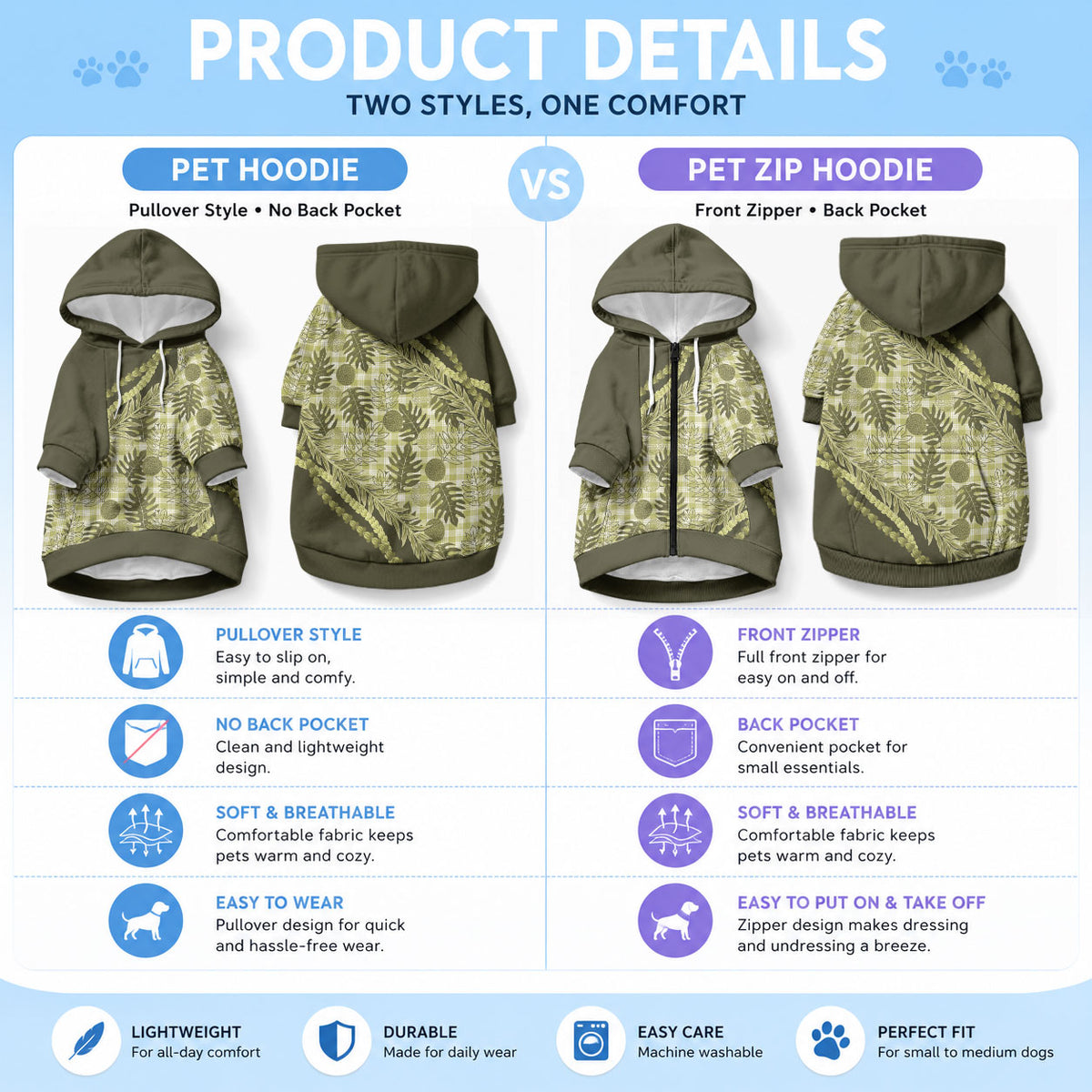 Hawaii Breadfruit Palaka Pet Hoodie Omaomao Maile Lei