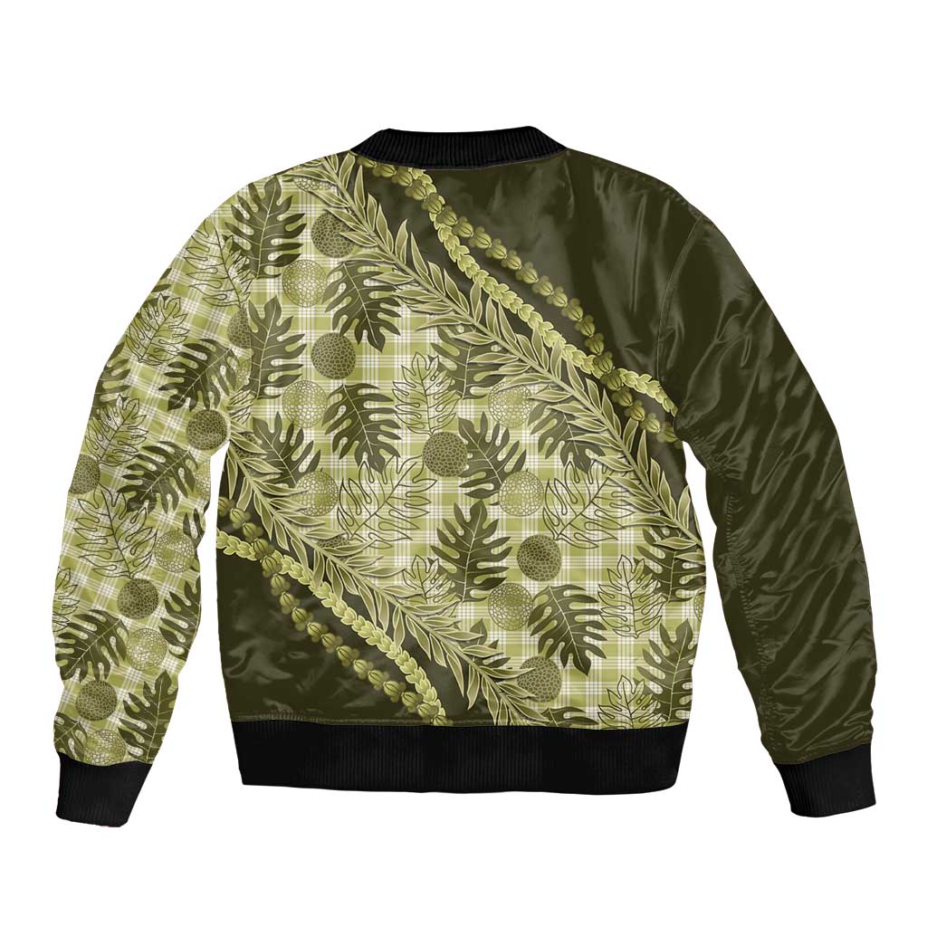 Hawaii Breadfruit Palaka Sleeve Zip Bomber Jacket Omaomao Maile Lei - Polynesian Pride