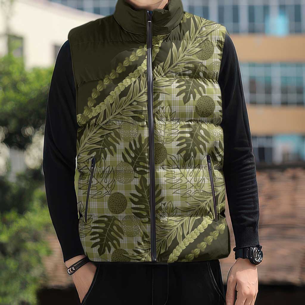 Hawaii Breadfruit Palaka Sleeveless Puffer Jacket Omaomao Maile Lei - Polynesian Pride