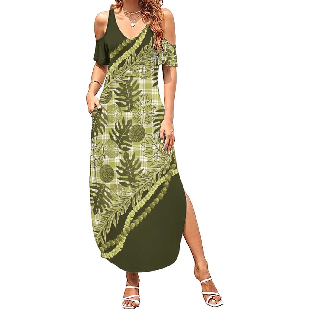 Hawaii Breadfruit Palaka Summer Maxi Dress Omaomao Maile Lei - Polynesian Pride