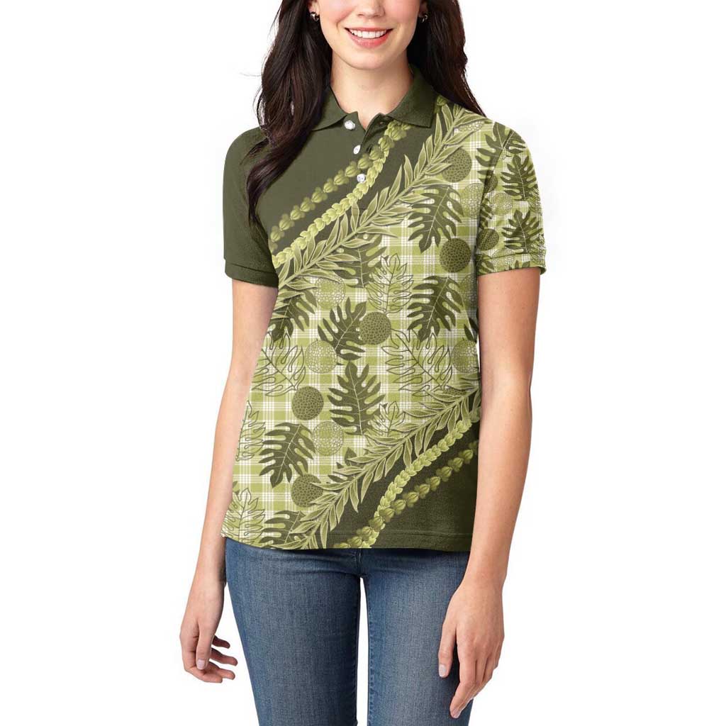 Hawaii Breadfruit Palaka Women Polo Shirt Omaomao Maile Lei - Polynesian Pride