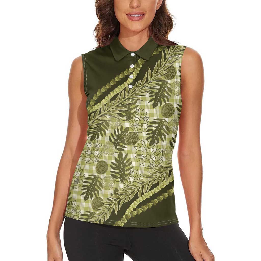Hawaii Breadfruit Palaka Women Sleeveless Polo Shirt Omaomao Maile Lei - Polynesian Pride