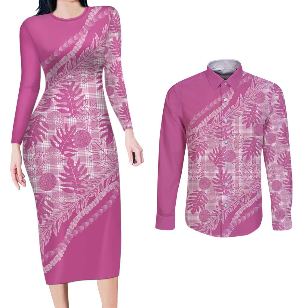 Hawaii Breadfruit Palaka Couples Matching Long Sleeve Bodycon Dress and Long Sleeve Button Shirt Omaomao Ulaula Maile Lei - Polynesian Pride
