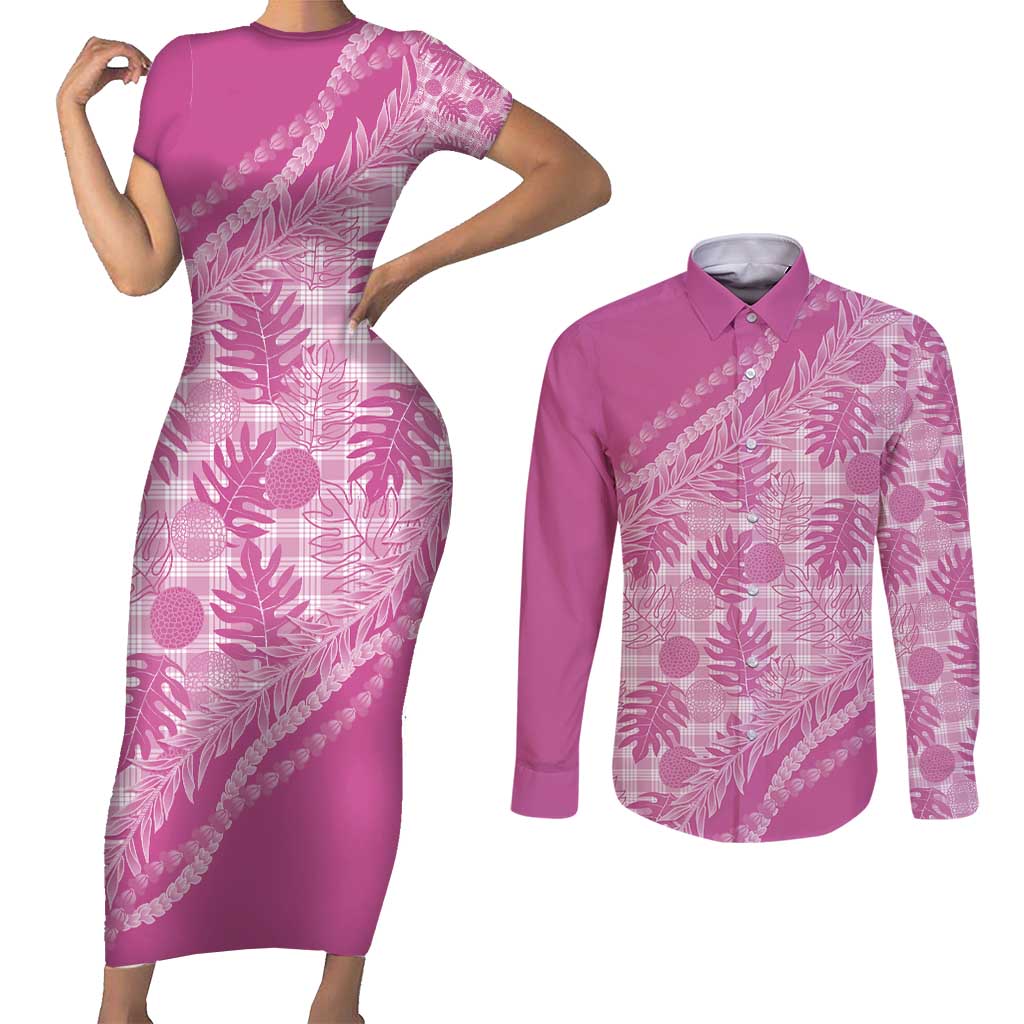 Hawaii Breadfruit Palaka Couples Matching Short Sleeve Bodycon Dress and Long Sleeve Button Shirt Omaomao Ulaula Maile Lei - Polynesian Pride