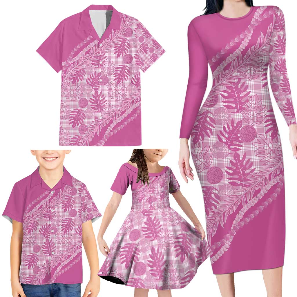 Hawaii Breadfruit Palaka Family Matching Long Sleeve Bodycon Dress and Hawaiian Shirt Omaomao Ulaula Maile Lei - Polynesian Pride