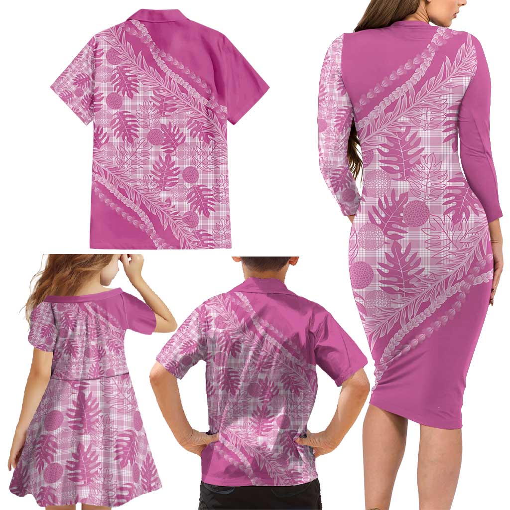 Hawaii Breadfruit Palaka Family Matching Long Sleeve Bodycon Dress and Hawaiian Shirt Omaomao Ulaula Maile Lei - Polynesian Pride