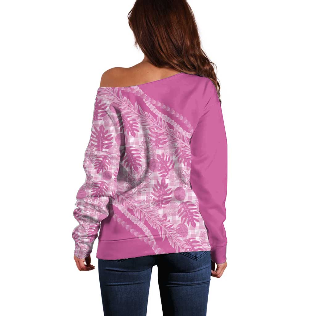 Hawaii Breadfruit Palaka Off Shoulder Sweater Omaomao Ulaula Maile Lei - Polynesian Pride