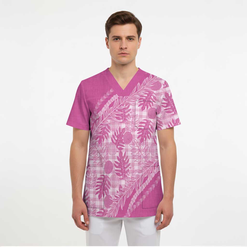 Hawaii Breadfruit Palaka Scrub Top Omaomao Ulaula Maile Lei - Polynesian Pride
