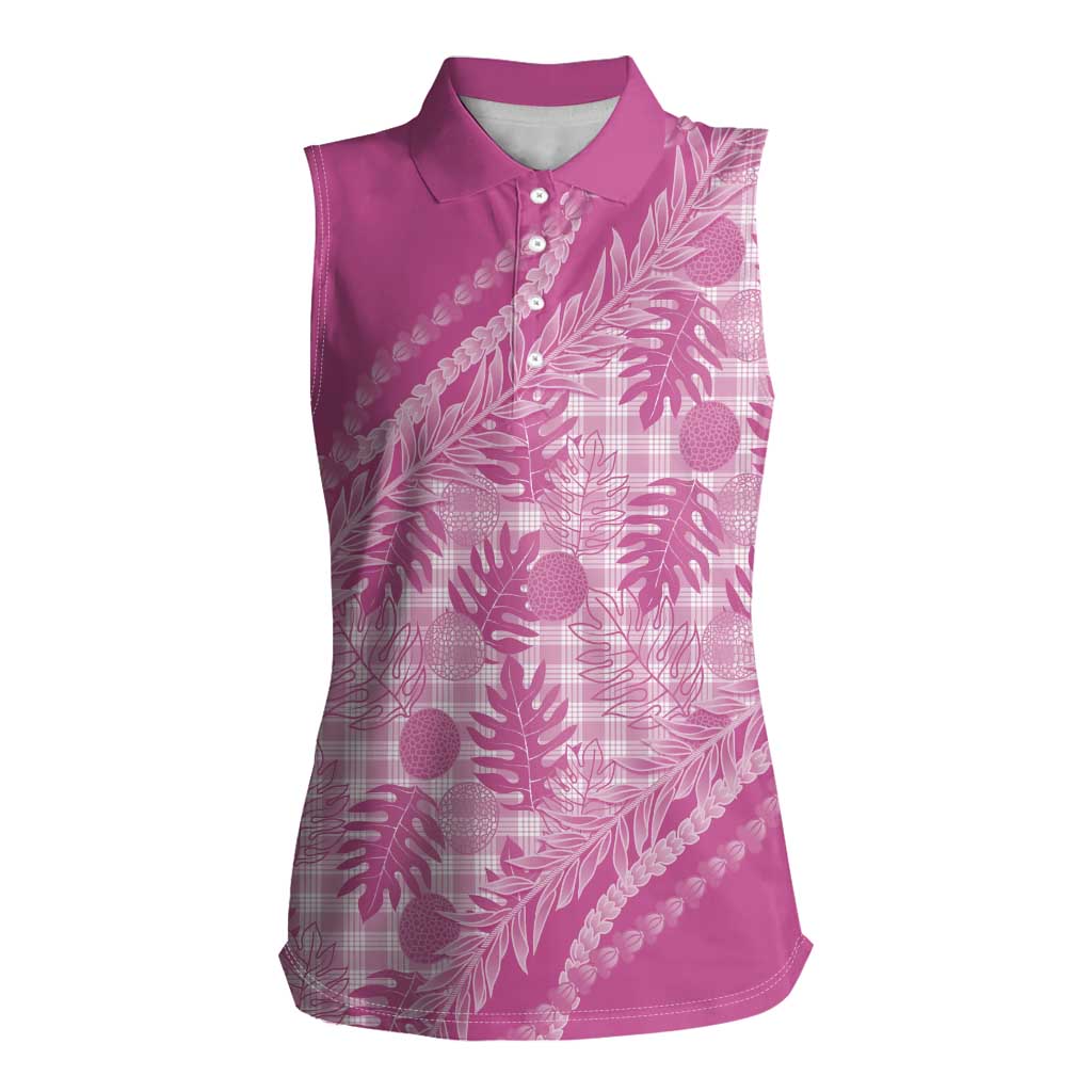 Hawaii Breadfruit Palaka Women Sleeveless Polo Shirt Omaomao Ulaula Maile Lei - Polynesian Pride