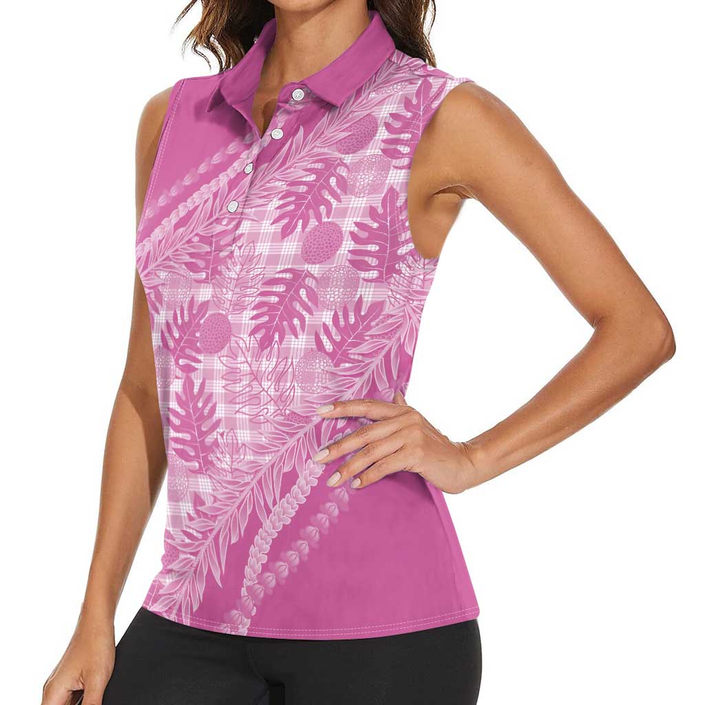 Hawaii Breadfruit Palaka Women Sleeveless Polo Shirt Omaomao Ulaula Maile Lei - Polynesian Pride