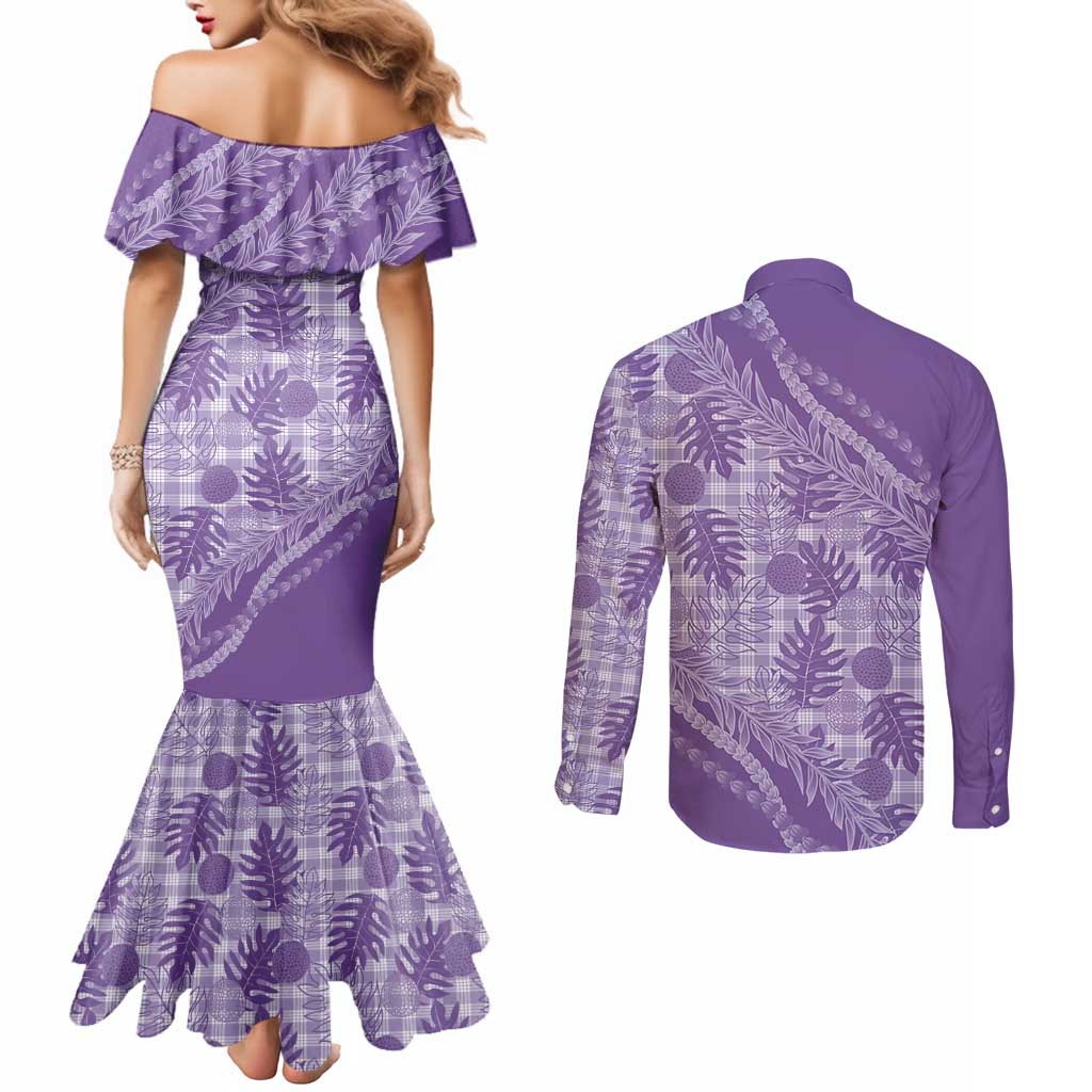 Hawaii Breadfruit Palaka Couples Matching Mermaid Dress and Long Sleeve Button Shirt Poni Maile Lei - Polynesian Pride