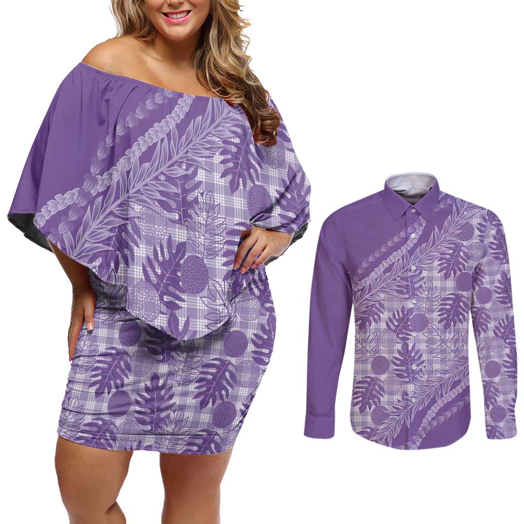 Hawaii Breadfruit Palaka Couples Matching Off Shoulder Short Dress and Long Sleeve Button Shirt Poni Maile Lei - Polynesian Pride