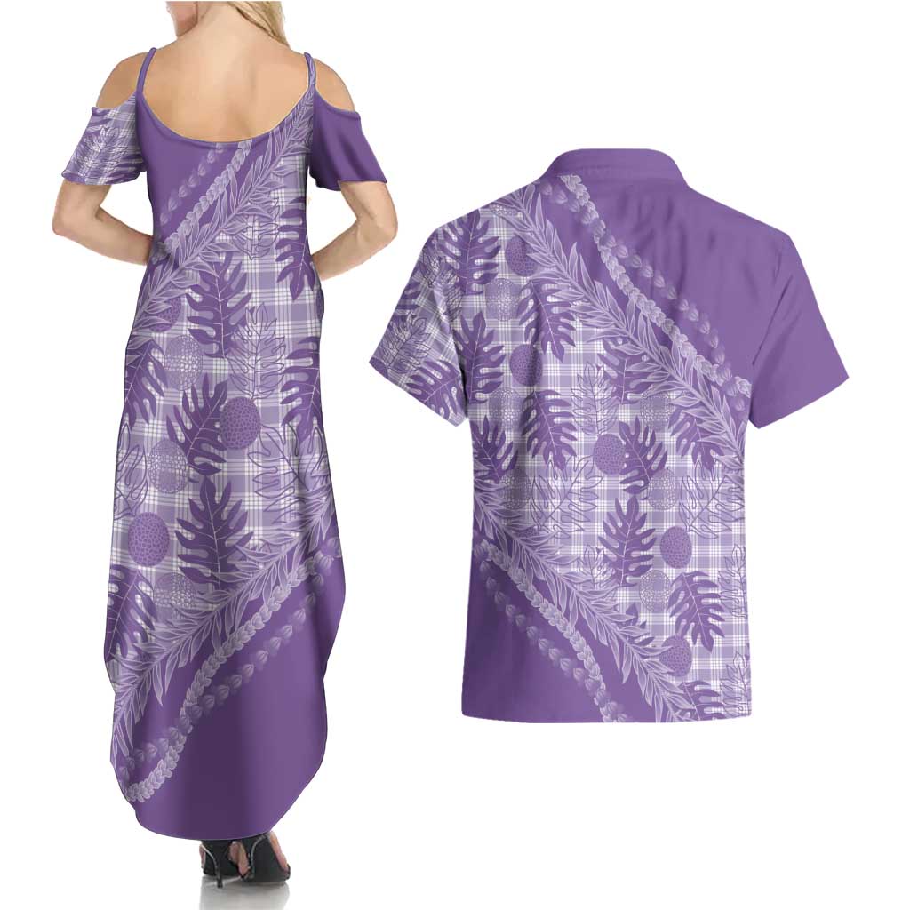 Hawaii Breadfruit Palaka Couples Matching Summer Maxi Dress and Hawaiian Shirt Poni Maile Lei - Polynesian Pride