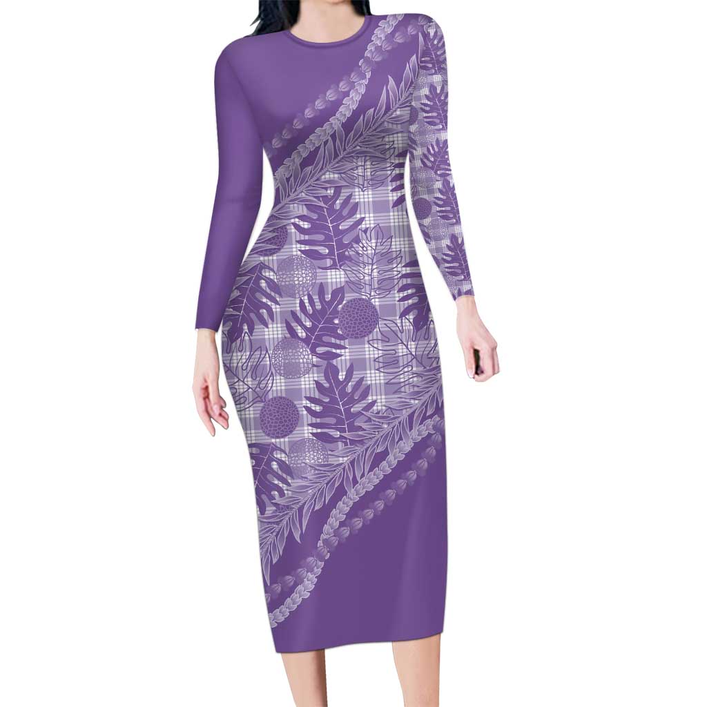 Hawaii Breadfruit Palaka Family Matching Long Sleeve Bodycon Dress and Hawaiian Shirt Poni Maile Lei LT9 Mom's Dress Purple - Polynesian Pride