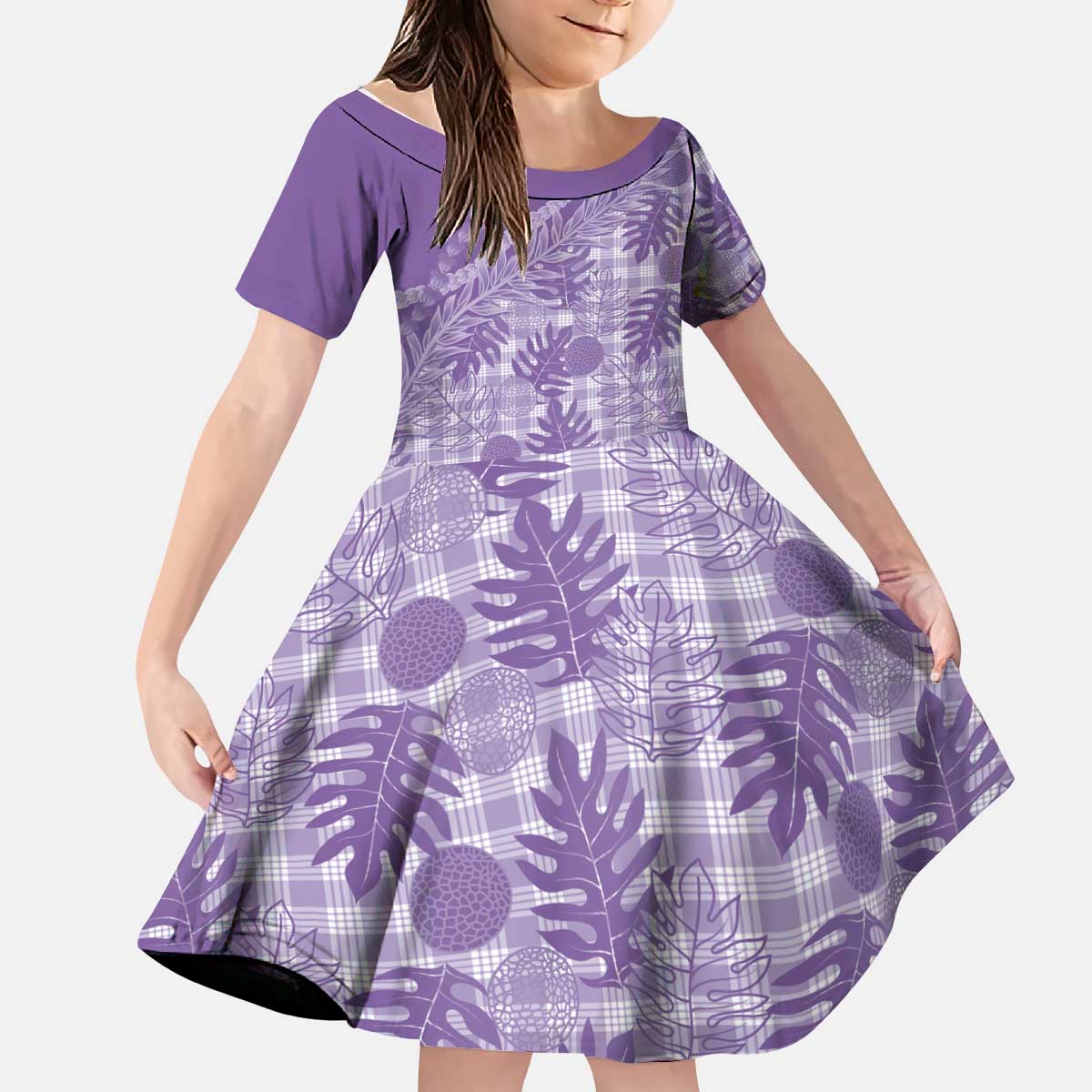 Hawaii Breadfruit Palaka Kid Short Sleeve Dress Poni Maile Lei - Polynesian Pride