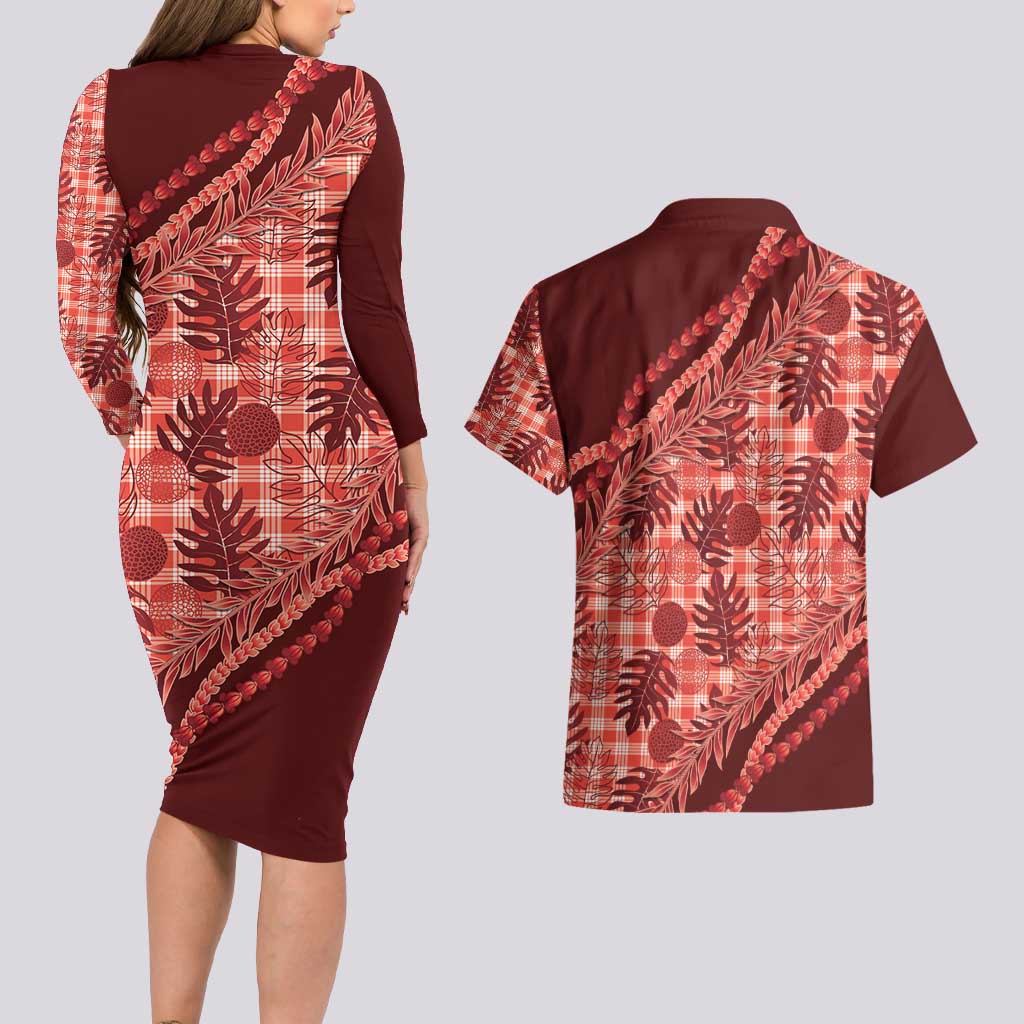 Hawaii Breadfruit Palaka Couples Matching Long Sleeve Bodycon Dress and Hawaiian Shirt Ulaula Maile Lei - Polynesian Pride