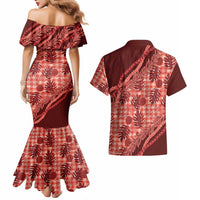 Hawaii Breadfruit Palaka Couples Matching Mermaid Dress and Hawaiian Shirt Ulaula Maile Lei - Polynesian Pride