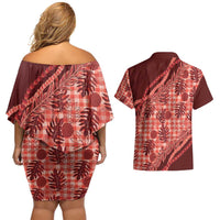 Hawaii Breadfruit Palaka Couples Matching Off Shoulder Short Dress and Hawaiian Shirt Ulaula Maile Lei - Polynesian Pride