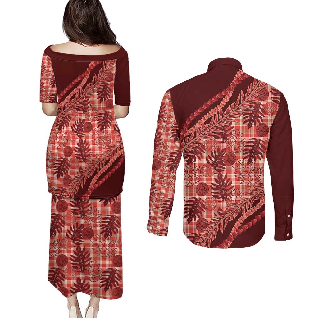 Hawaii Breadfruit Palaka Couples Matching Puletasi and Long Sleeve Button Shirt Ulaula Maile Lei - Polynesian Pride