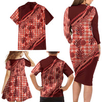 Hawaii Breadfruit Palaka Family Matching Long Sleeve Bodycon Dress and Hawaiian Shirt Ulaula Maile Lei LT9 - Polynesian Pride