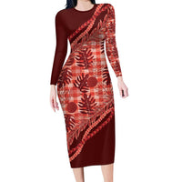 Hawaii Breadfruit Palaka Family Matching Long Sleeve Bodycon Dress and Hawaiian Shirt Ulaula Maile Lei LT9 Mom's Dress Red - Polynesian Pride