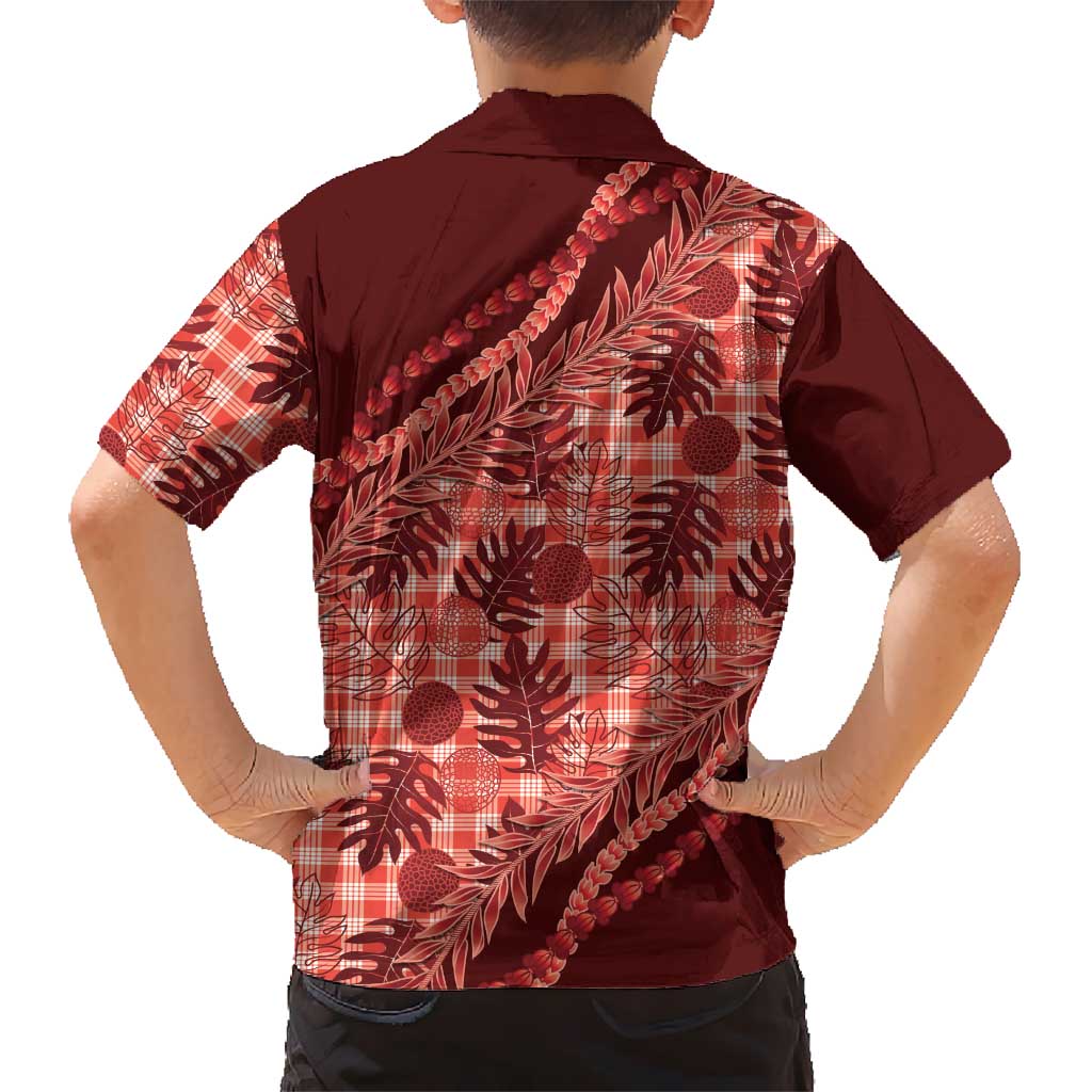 Hawaii Breadfruit Palaka Family Matching Off The Shoulder Long Sleeve Dress and Hawaiian Shirt Ulaula Maile Lei LT9 - Polynesian Pride