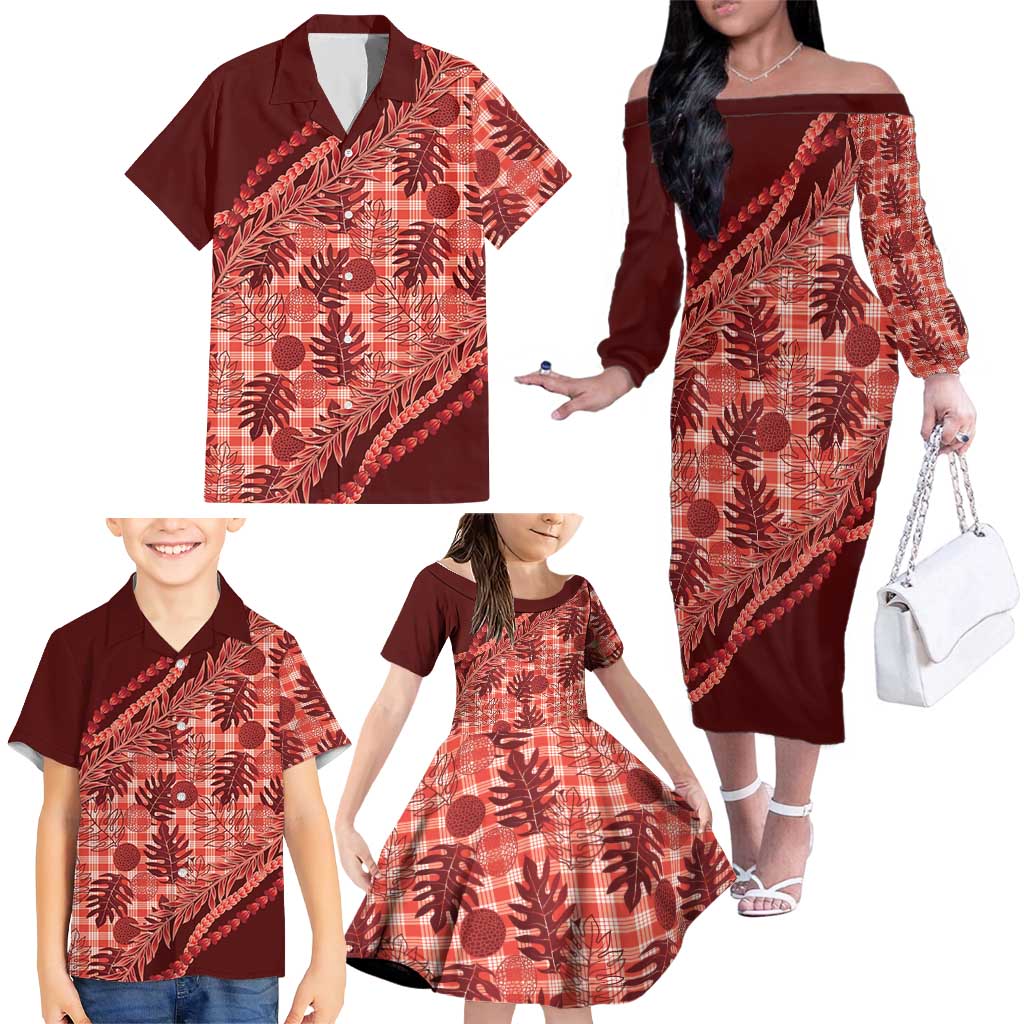 Hawaii Breadfruit Palaka Family Matching Off The Shoulder Long Sleeve Dress and Hawaiian Shirt Ulaula Maile Lei LT9 - Polynesian Pride