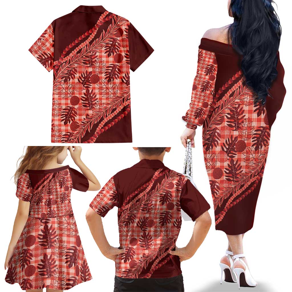 Hawaii Breadfruit Palaka Family Matching Off The Shoulder Long Sleeve Dress and Hawaiian Shirt Ulaula Maile Lei LT9 - Polynesian Pride
