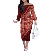 Hawaii Breadfruit Palaka Family Matching Off The Shoulder Long Sleeve Dress and Hawaiian Shirt Ulaula Maile Lei LT9 Mom's Dress Red - Polynesian Pride