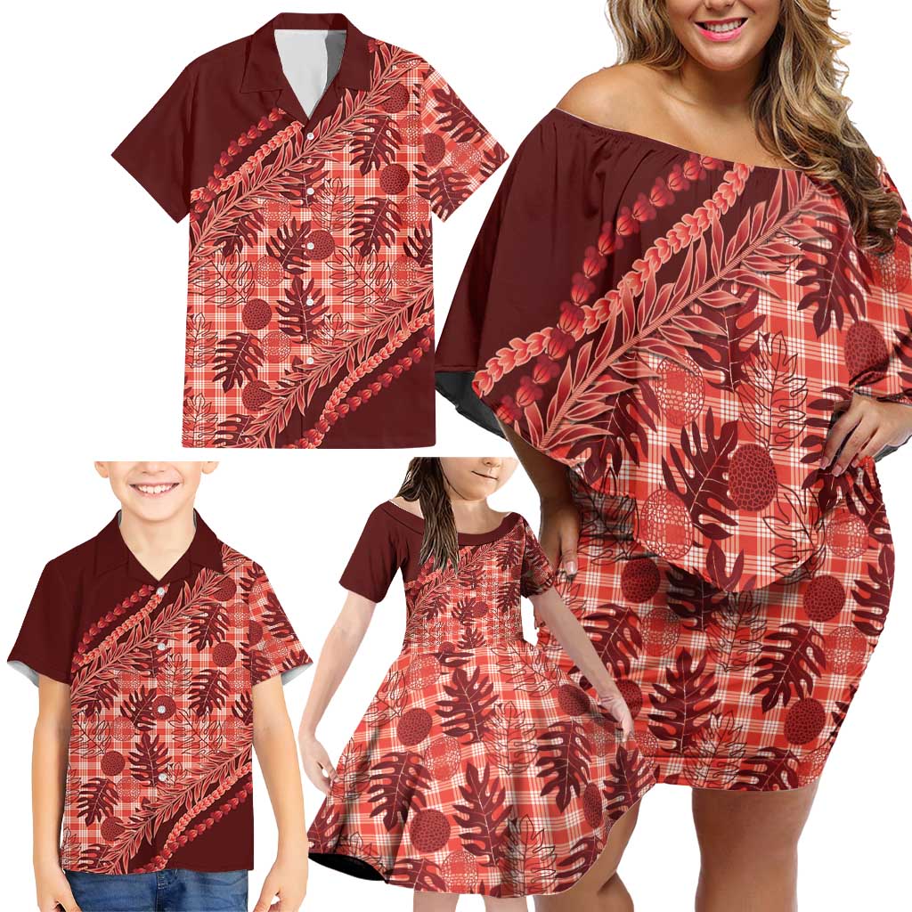 Hawaii Breadfruit Palaka Family Matching Off Shoulder Short Dress and Hawaiian Shirt Ulaula Maile Lei - Polynesian Pride