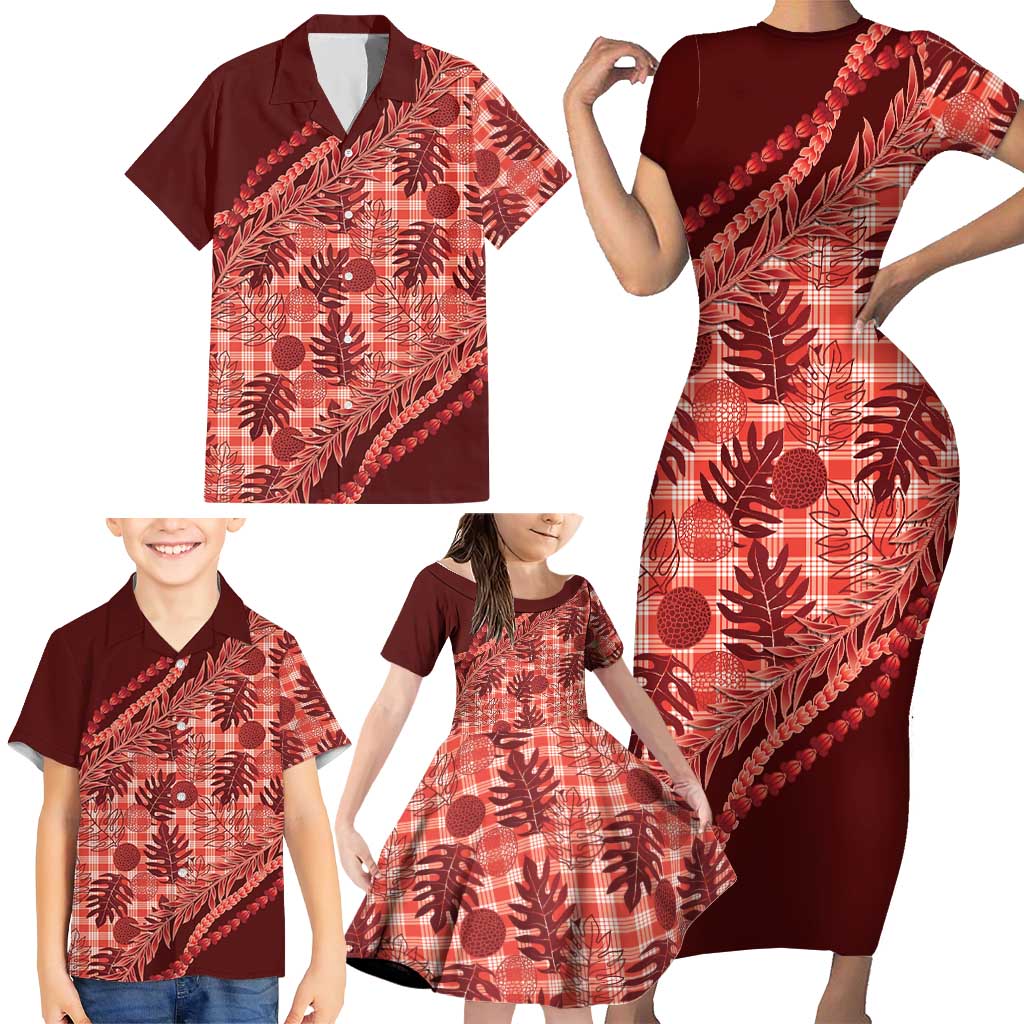 Hawaii Breadfruit Palaka Family Matching Short Sleeve Bodycon Dress and Hawaiian Shirt Ulaula Maile Lei - Polynesian Pride