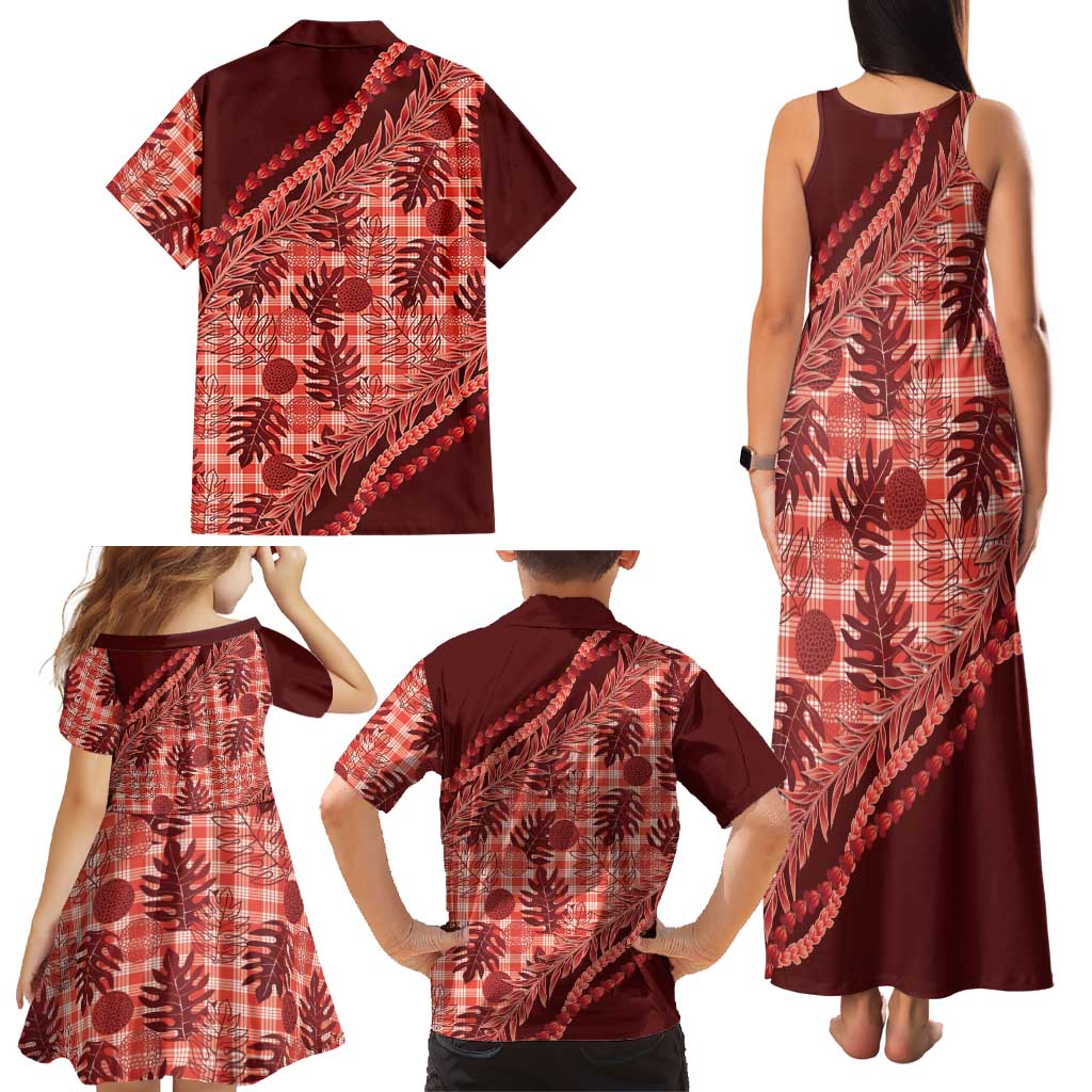 Hawaii Breadfruit Palaka Family Matching Tank Maxi Dress and Hawaiian Shirt Ulaula Maile Lei LT9 - Polynesian Pride