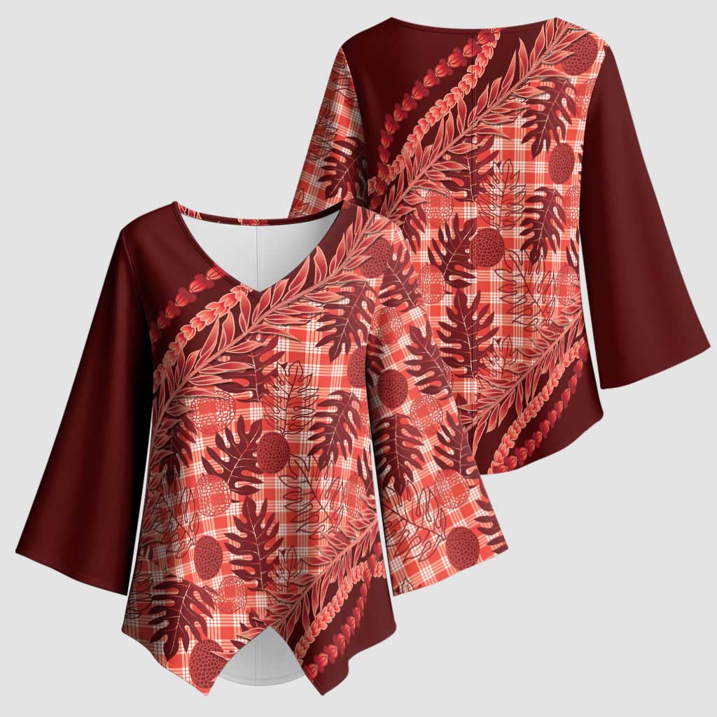 Hawaii Breadfruit Palaka Kimono Sleeve Blouse Ulaula Maile Lei - Polynesian Pride