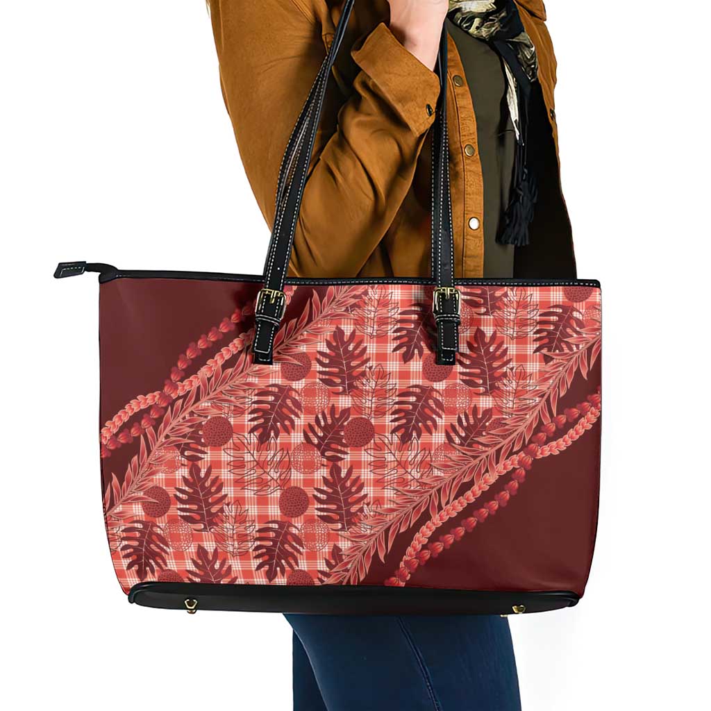 Hawaii Breadfruit Palaka Leather Tote Bag Ulaula Maile Lei - Polynesian Pride
