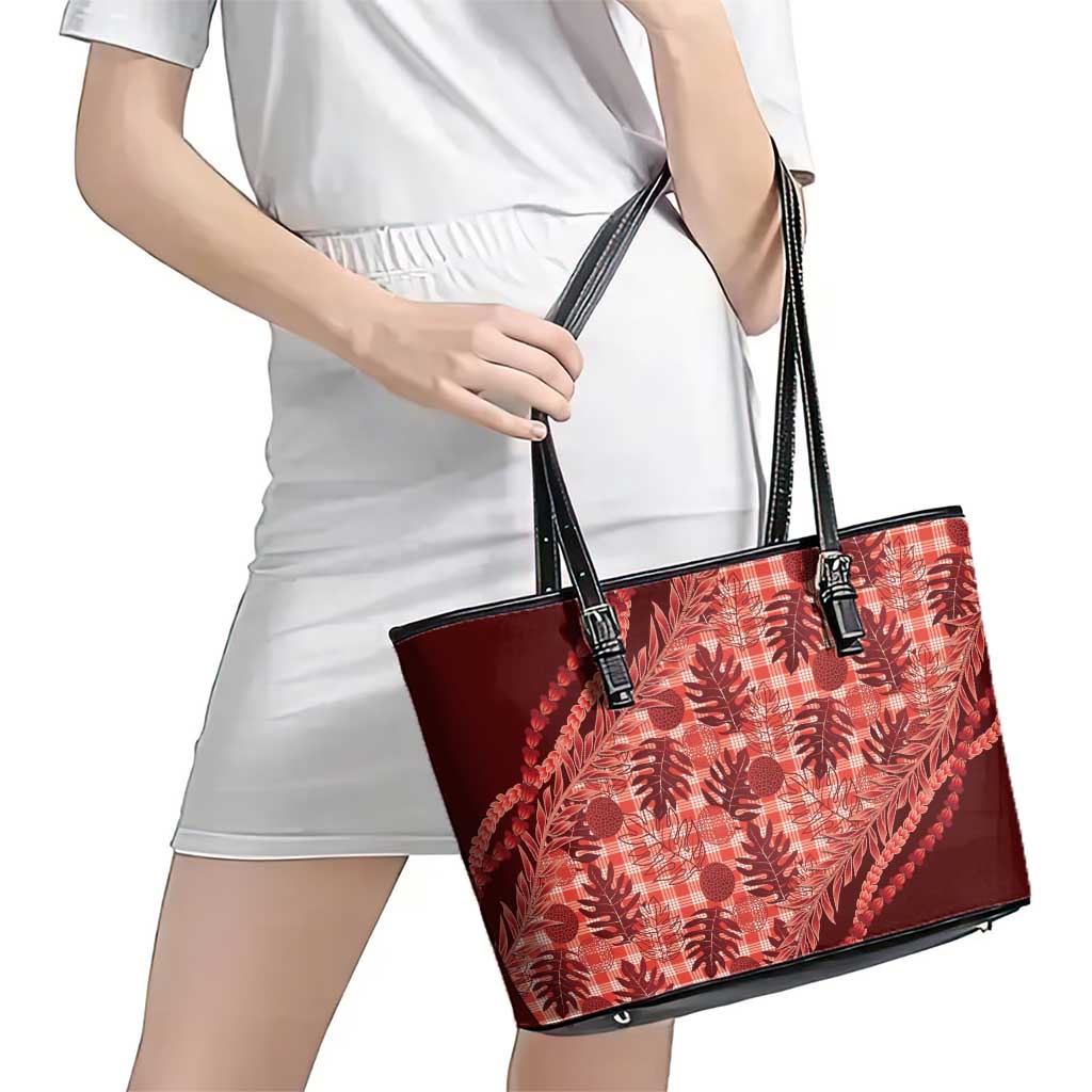 Hawaii Breadfruit Palaka Leather Tote Bag Ulaula Maile Lei - Polynesian Pride
