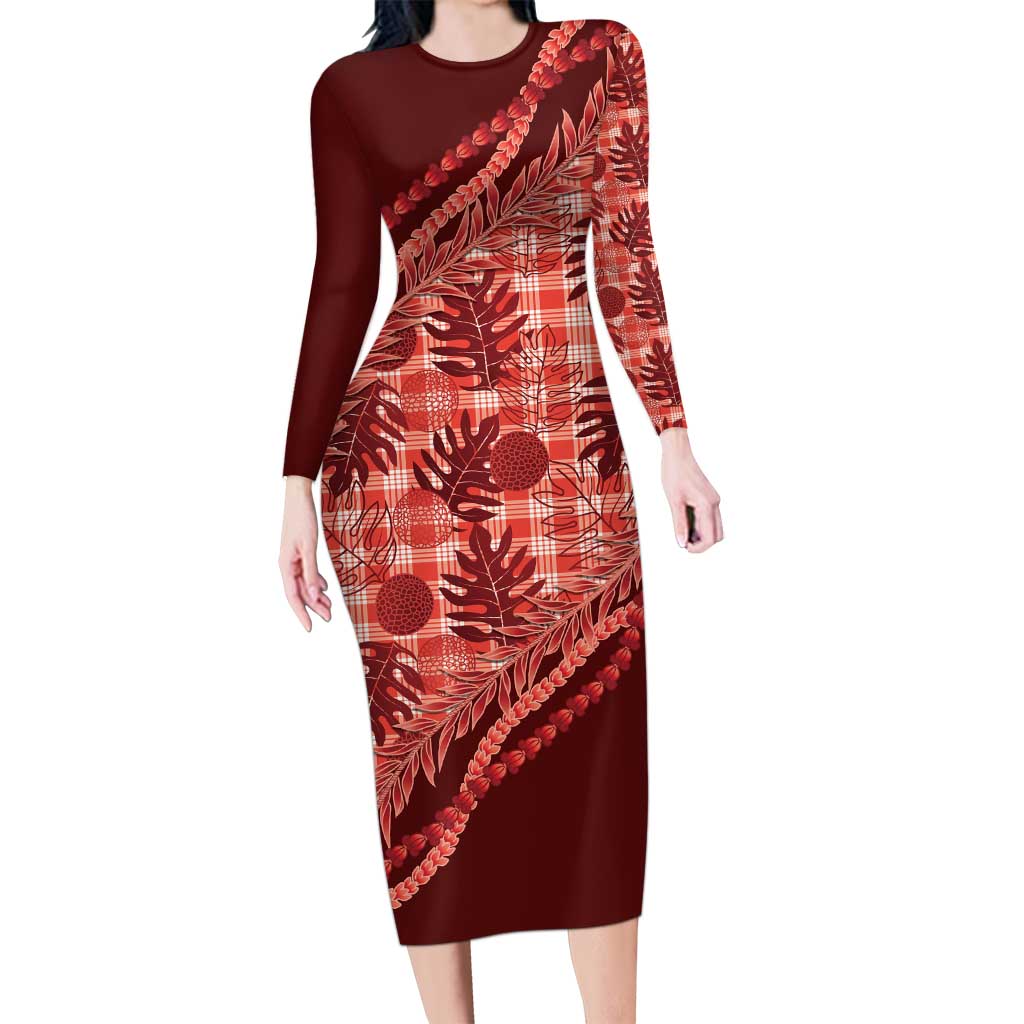 Hawaii Breadfruit Palaka Long Sleeve Bodycon Dress Ulaula Maile Lei - Polynesian Pride