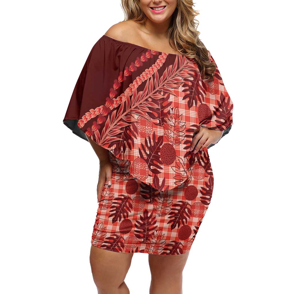 Hawaii Breadfruit Palaka Off Shoulder Short Dress Ulaula Maile Lei - Polynesian Pride