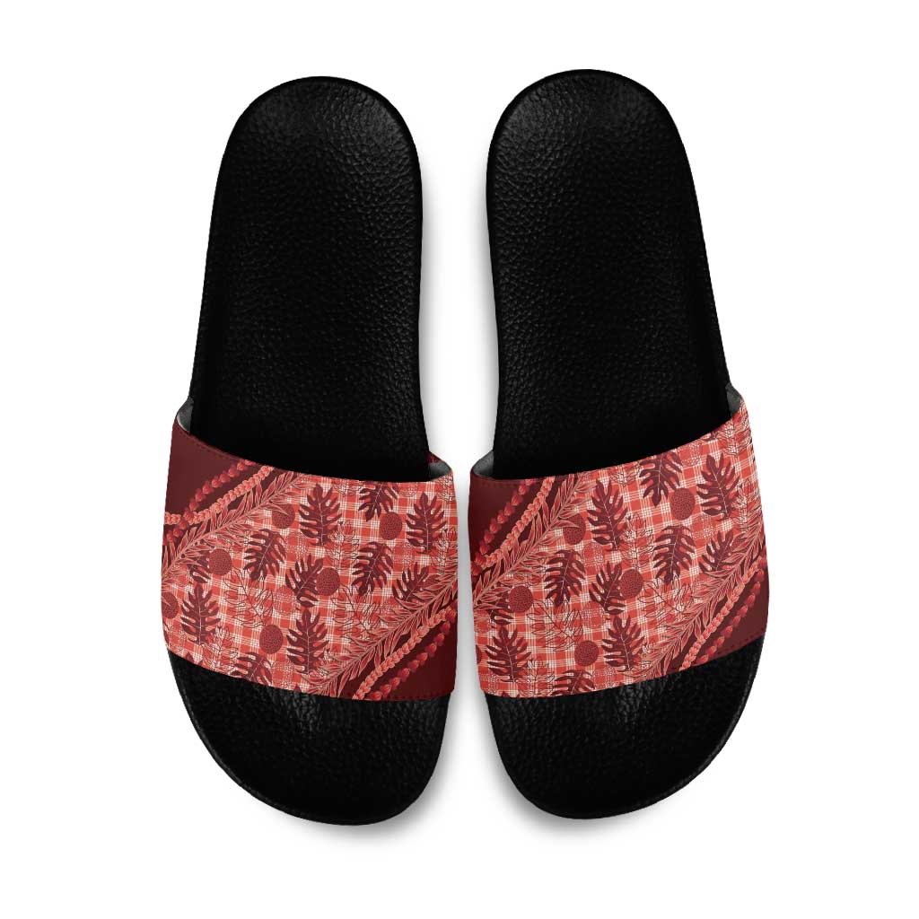 Hawaii Breadfruit Palaka Slide Sandals Ulaula Maile Lei - Polynesian Pride